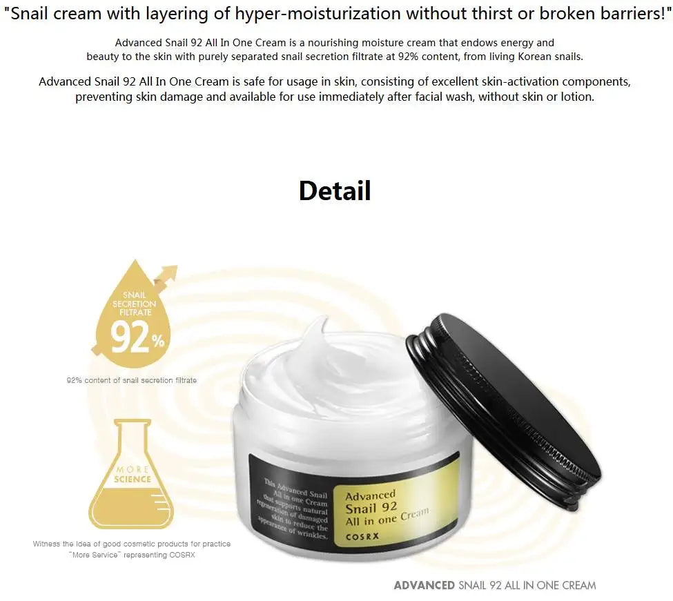 COSRX Advanced Snail 92 All In One Cream 100ml Facial Care Moisturising Skin Korean Cosmetics